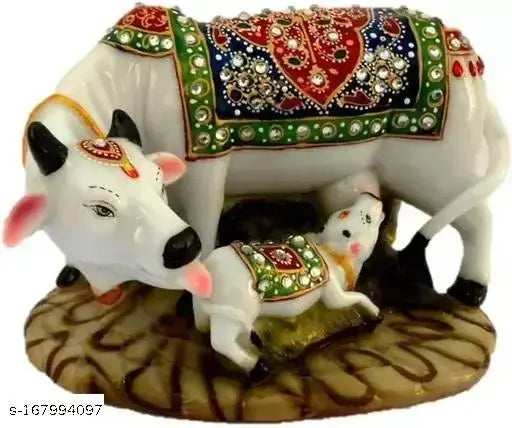Marble dust/Polyresin Cow and Calf Rakhi Special - Decorative home idol, richly adorned with precious stones, for spiritual & materialistic success and wealth