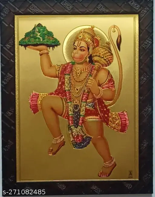 Lord Hanuman Sankat Mochan synthetic resin gold foil photo frame, 9x12 inches - Indian religious artwork on display