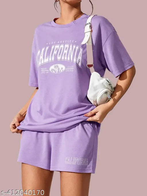 Lavender cotton night suit set: Women's top & shorts with half sleeves, made in India