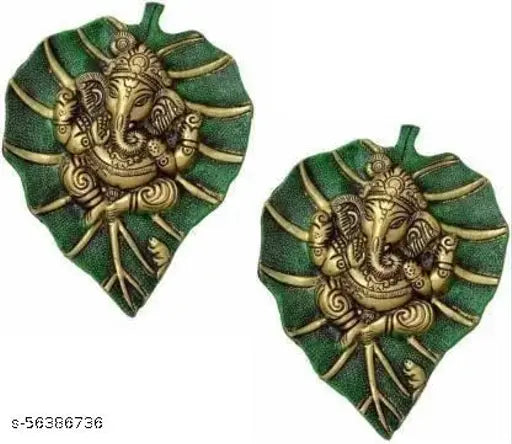 Handmade Ganesh Idol Set of 2, Metal Size LBH145x2x185 cm. Ornate Indian Ganesh on Pipal Leaf wall hanging, for home, temple, office, and gifting. Symbolizes luck, happiness, and prosperity