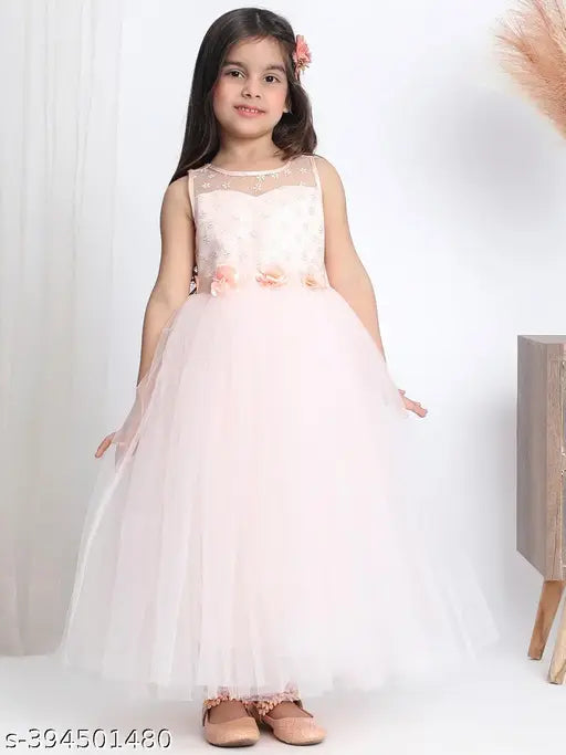 Light peach flared dress, net fabric, embellished party wear for girls aged 1-11, India origin