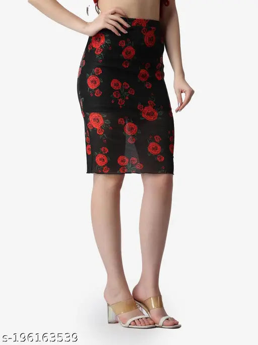 Black printed net pencil skirt with floral design, size 26/28/30/32/34. Durable polyester fabric, elasticated waistband, suitable for professional wear. Perfect with crop top and smoky eye makeup. Made in India