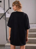 Oversized black round neck t-shirt with sleeves, women's fashion wear, printed design