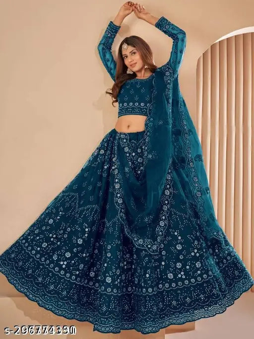 Blue embroidered net lehenga choli and dupatta set, semi-stitched style