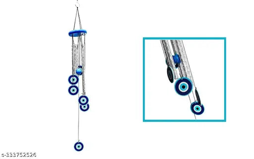 Exclusive blue metal evil eye wind chime for home office, balcony or garden. Protect from negative energy and vastu. Perfect gift for home decor. Features multiple blue glass beads with a metallic finish