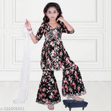 A-line printed dupion silk kurta sharara & dupatta set for girls, lace embellished, comfortable in any season