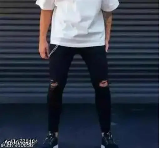 Cotton blend solid knee-cut jeans for men, perfect fit from CSURGO by Shriradhe Enterprises