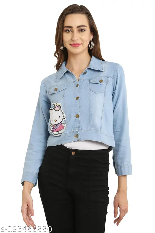 Kids Girls denim full sleeve solid kitty patch jacket, 8-16 years sizes, colorful animal pattern