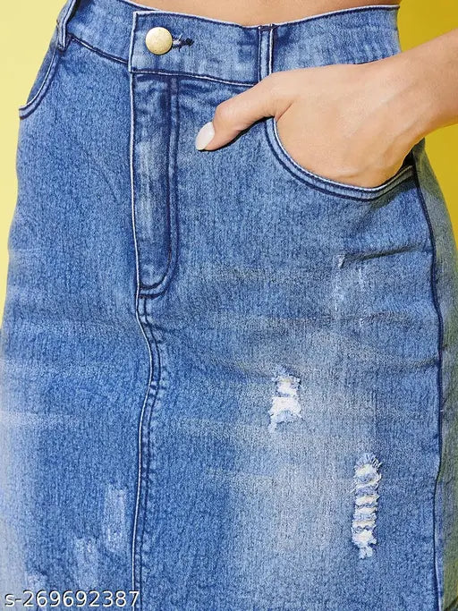 Blue denim pleated skirt, StyleStone women's distressed denim slant style, size 30 waist, 39 hip