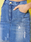 Blue denim pleated skirt, StyleStone women's distressed denim slant style, size 30 waist, 39 hip