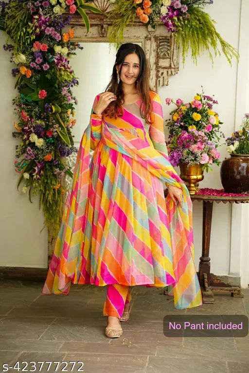 MultiColour georgette fit-and-flare gown with stripes, round neck, full sleeve, and tassel. Traditional Indian attire with contemporary touch, perfect for festive or daily wear. Made in India