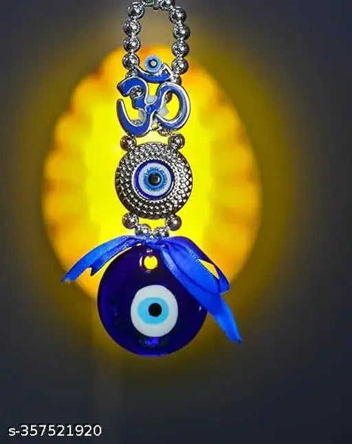 Blue amulet pendant featuring Geeta text, hanging oval charm, with evil eye design against yellow background