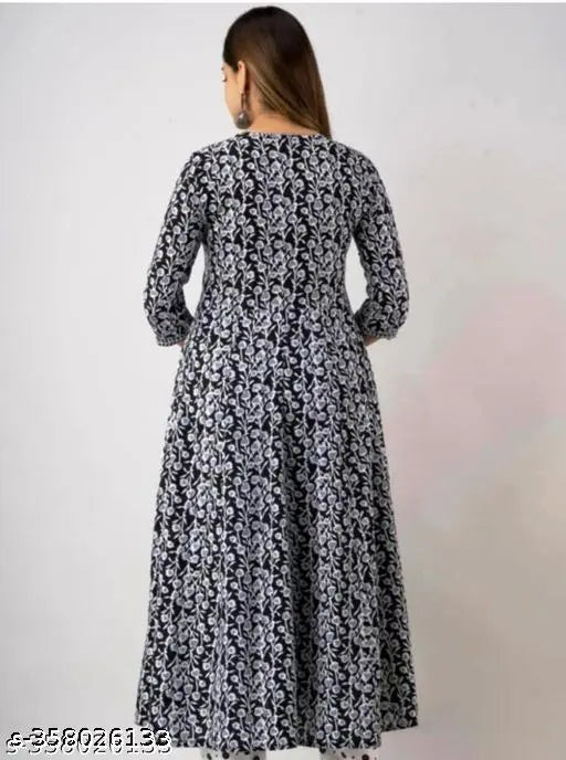 Black rayon Anarkali gown with embroidered print, three-quarter sleeves on display rack