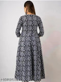 Black rayon Anarkali gown with embroidered print, three-quarter sleeves on display rack