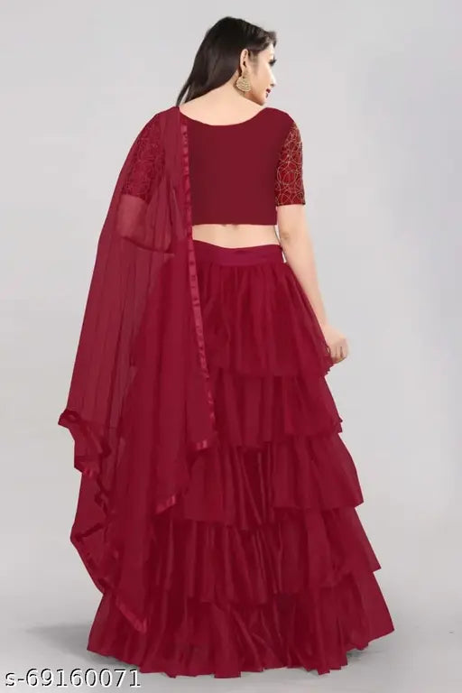 Maroon embroidered semi-stitched lehenga choli (satin top, net bottom & dupatta) - elegant satin choli with embellished ruffles on display