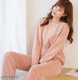 Soft pink satin fabric, winter nightdress with long sleeves and low neckline