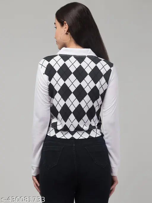 Collar neck full sleeve cotton blend checked pattern women's t-shirt, all-over print long sleeves, India origin
