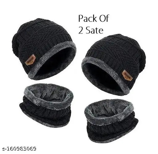 Black wool caps with brown trim, and dark grey neck mufflers in set of 4