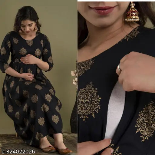 Rayon maternity kurti & kurta set, printed three-quarter sleeve gown with zip, India origin, size S-XXXL for feeding kurtis and partywear