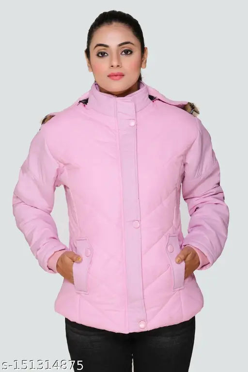 PU quilted nylon zipper jacket for women, solid pattern, long sleeves. Close-up on the jacket." (123 characters)