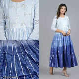 Long round neck rayon anarkali kameez with hand work on neck, 34 sleeves
