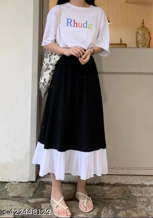 Black and white striped midi skirt