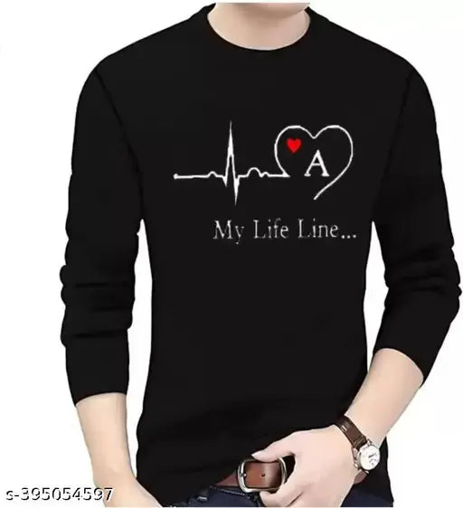 Printed black polyester long-sleeve alphabet T-shirt with graphic 'A', suitable for casual wear