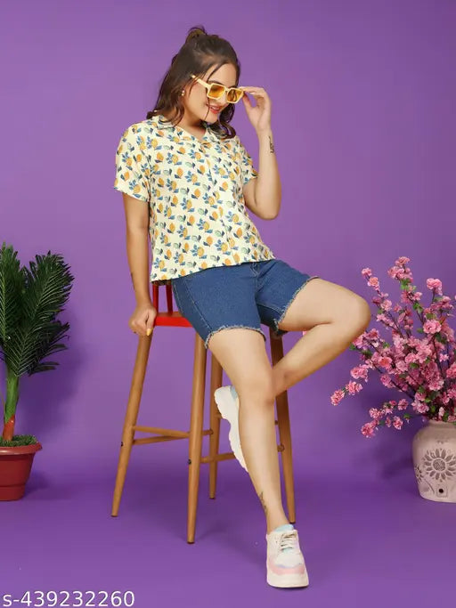 Hemp and polycotton printed short sleeve shirt, sustainably sourced, 23" length (M), chest patch pocket, Tencel lyocell lining. Fresh citrus design on women's clothing