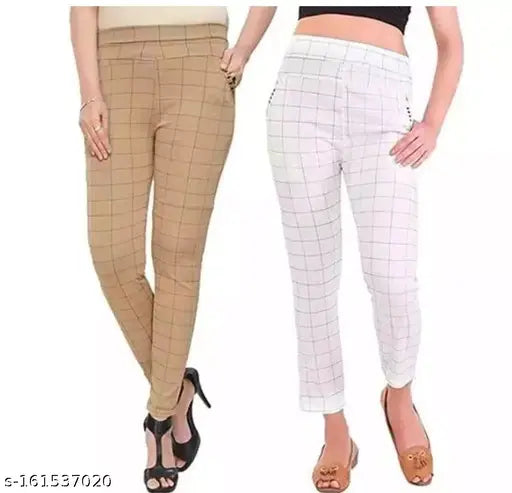 Multicolor striped Lycra jeggings, trendy and fashionable women's ankle-length checkered pants for various sizes (29in - 35in), Indian origin