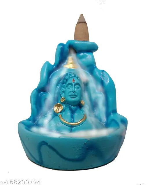 Handcrafted blue Adi Shankara polyresin incense holder with backflow cone, features 11 free fragrance incense cones, symbolizes strength & peace for home decor