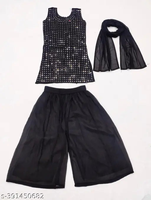 black georgette sequin ethnic set for girls, embellished A-line top and palazzo bottom with dupatta, India origin, size range 2-11 years