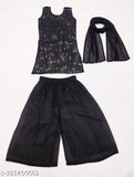 black georgette sequin ethnic set for girls, embellished A-line top and palazzo bottom with dupatta, India origin, size range 2-11 years