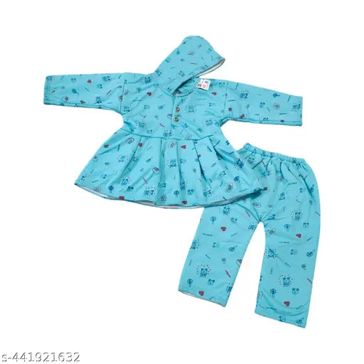Soft wool floral winter printed dress for baby girl with hood, long sleeves and hooded design in a warm home setting