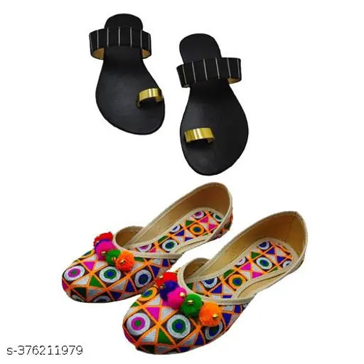 Synthetic leather woman's panjabi look, comfortable PVC mojri & jutti. Stylish Indian combo pack, solid pattern