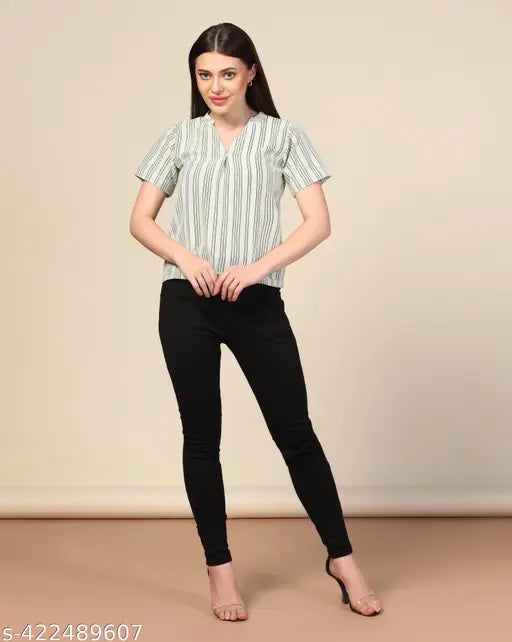 Striped scuba fabric, soft tee for women - Sunsine Glow V-neck, loose fit, high low hem