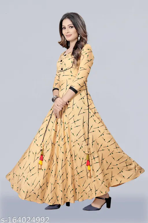 Cream color rayon long kurti with anarkali pattern, three-quarter sleeves, Indian plus size fashion