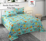 Glace cotton, superfine elastic fitted king bedsheets with cartoon print, ideal for adults in summer. Fits up to 8 inches mattress. Made in India (200 thread count, 1 net quantity, includes 2 pillow covers)