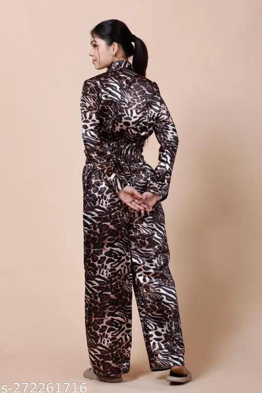 Glen Rose women's satin leopard cord set, 2-piece stylish dress with long sleeves and high waist, made in India