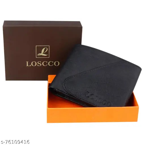 Black faux leather men's wallet with 2 compartments, solid design, and matte finish. Imported from India
