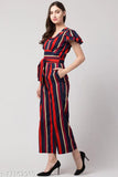 Multicolor stripe crepe jumpsuit for women, ideal for parties or events in various sizes from XS to XL. High-quality fabric ensures an awesome fit, made by Slenor in India