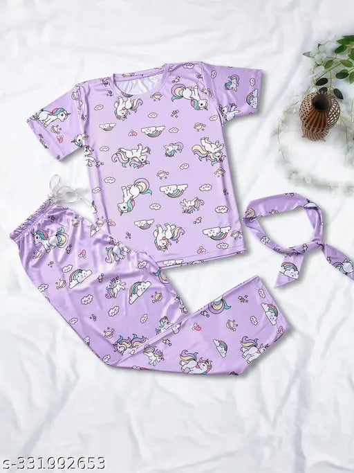 Unicorn print silk night suit set: T-shirt, pajamas, shorts with drawstring elastic waistband. Soft, shiny, and comfortable sleepwear from India