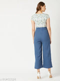 Blue crepe jumpsuit with multicolor floral print, round neck, short sleeves - Miss Chase women's fashion from India