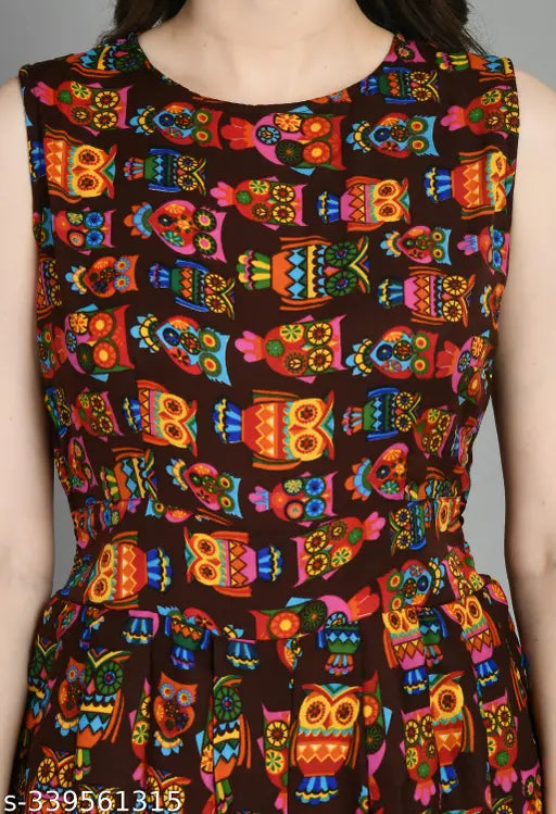 Brown owl-print crepe jumpsuit for women and girls, versatile and stylish clothing on hanger