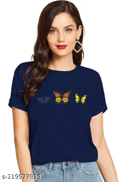 Yellow butterfly print, half sleeved cotton t-shirt for women's casual wear, 100% cotton