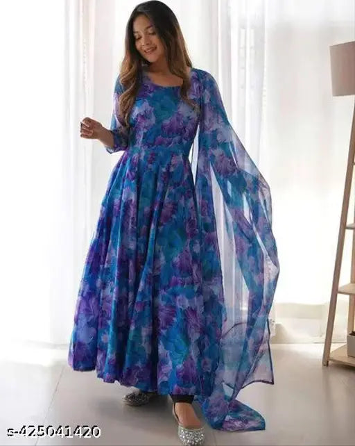 Georgette printed net women's gown with three-quarter sleeves, available in sizes S-XXL. Indian fashion for women