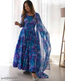 Georgette printed net women's gown with three-quarter sleeves, available in sizes S-XXL. Indian fashion for women
