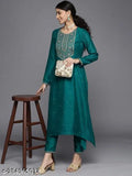 Teal green Vichitra silk kurta with round neckline, full sleeves, and intricate embroidery detailing. Ideal for light festivities. Size S-XXL. Silk, machine washable. Made in India