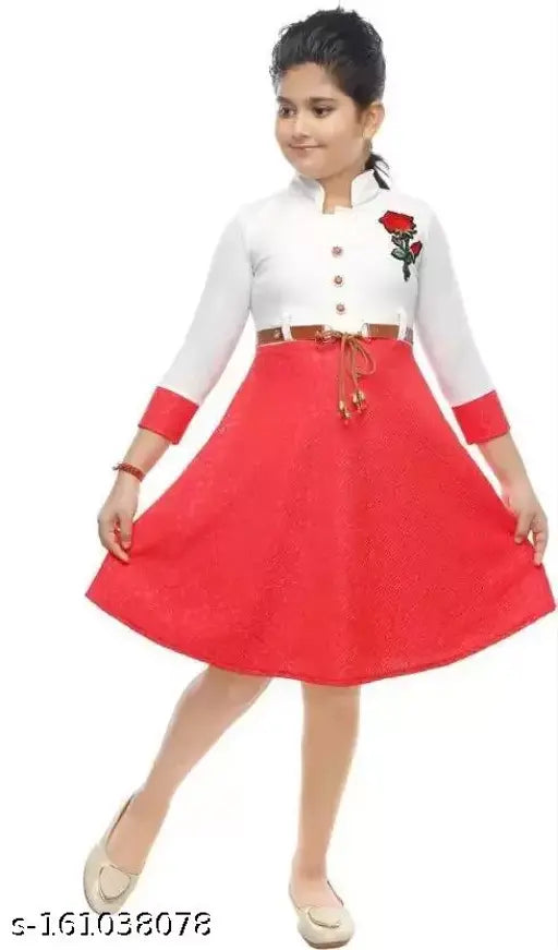 Red and white sleeveless casual dress with rose embellishment