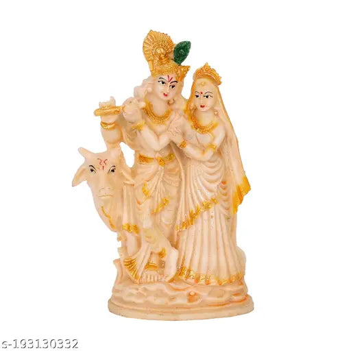 Polyresin Radha Krishna Idol with Cow Statue - Indian handicraft for temple, home, office, or worship decoration. Dimensions: 11cm (L) x 22cm (H) x 6cm (B). Ideal for gifting during Diwali, Raksha Bandhan, and other festive occasions