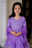 Rayon and cotton blend girls' kurti suit set with dupatta and bottomwear, printed in vibrant princess style for 5-12 years old